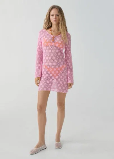 Mango Dressing Gown Crochet Fleurs In Rose Pastel