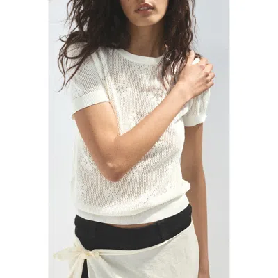 Mango Floral Crochet Short Sleeve Sweater In White