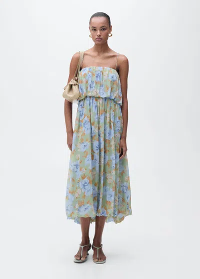 Mango Floral Dress With Gathered Waist Mint Green