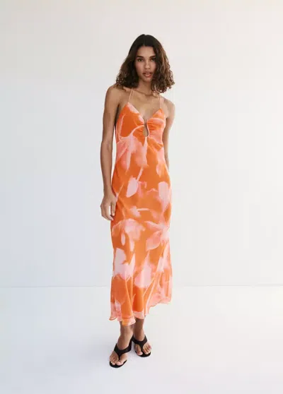 Mango Floral Dress With Metallic Cutout In Orange