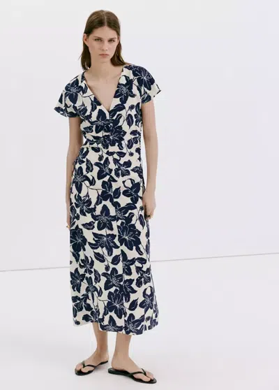 Mango Floral Dress With Ruched Sides In Ecru