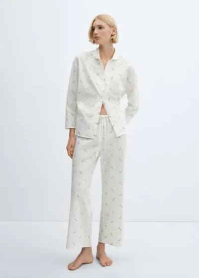 Mango Floral Embroidered Cotton Pajama Pants Off White