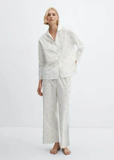 Mango Floral Embroidered Cotton Pajama Shirt Off White