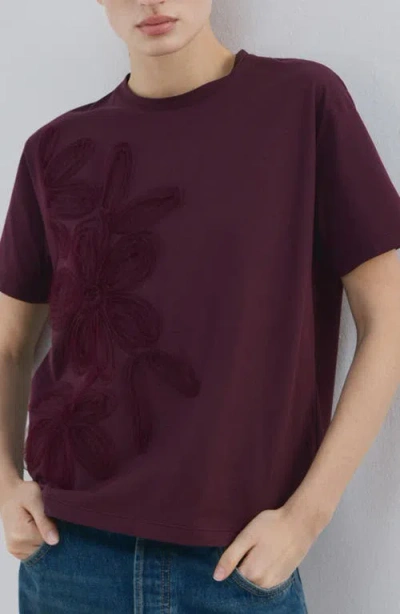 Mango Floral Embroidered Cotton T-shirt In Burgundy