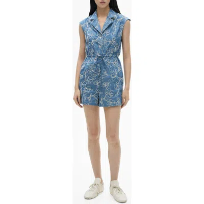 Mango Floral Embroidered Denim Romper In Medium Blue