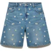 Mango Floral Embroidered High Waist Denim Bermuda Shorts In Blue