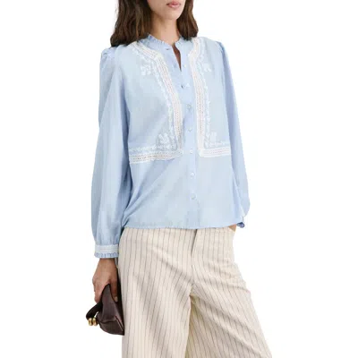 Mango Floral Embroidered Lace Trim Button-up Shirt In Blue