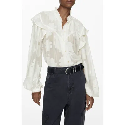 Mango Floral Embroidered Semisheer Button-up Shirt In Light Beige