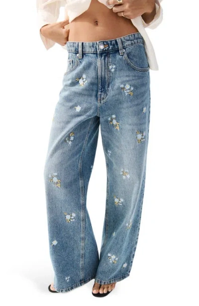 Mango Beverly Cotton Mix Straight Jean With Floral Embroidery In Blue