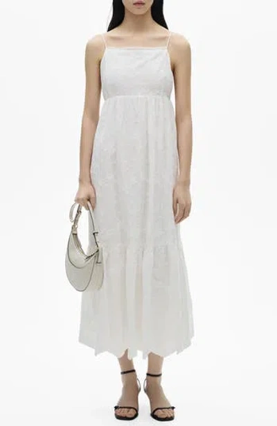Mango Floral Embroidered Tiered Cotton Midi Dress In White