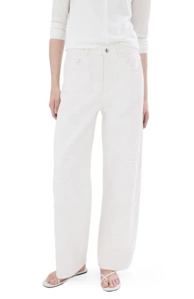 Mango Floral Embroidered Wide Leg Jeans In White