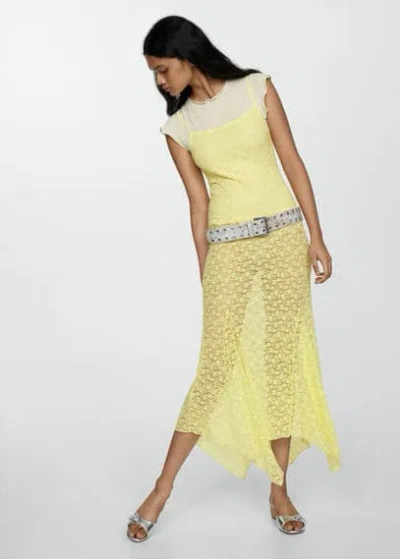 Mango Floral Lace Dress With Asymmetric Hem Pastel Yellow