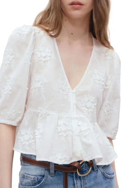 Mango Floral Embroidery Puff Sleeve Shirt In White