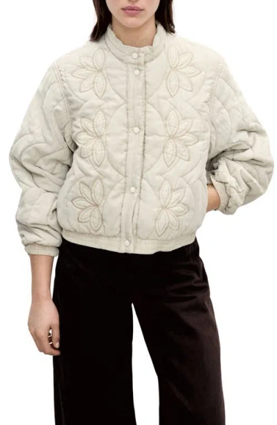 Mango Floral Embroidery Quilted Jacket In Ivory
