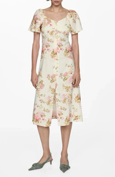 Mango Floral Flutter Sleeve Linen Blend Midi Dress In Light Beige | ModeSens