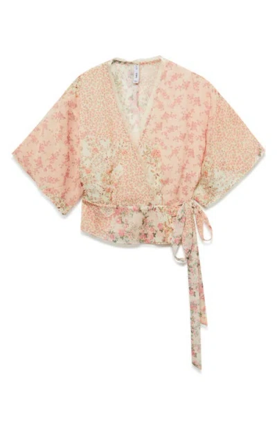Mango Floral Fluttery Sleeve Wrap Top In Ecru