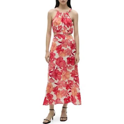 Mango Floral Halter Neck Cutout Maxi Dress In Red