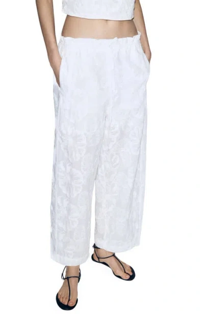 Mango Floral Jacquard Cotton Drawstring Ankle Pants In White