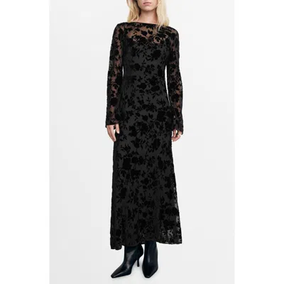 Mango Floral Jacquard Long Bell Sleeve Maxi Dress In Black