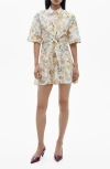 Mango Floral Knot Front Cotton Mini Shirtdress In Ecru