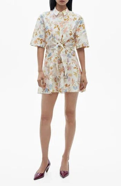 Mango Floral Knot Front Cotton Mini Shirtdress In Sand
