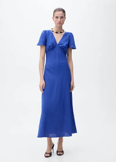 Mango Floral Linen-blend Dress Blue