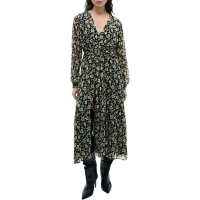 Mango Floral Long Sleeve Chiffon Dress In Black