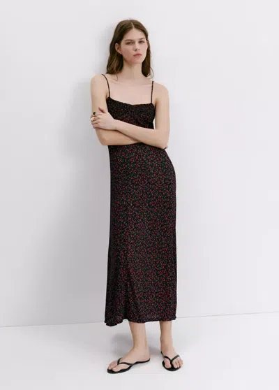Mango Floral Midi-dress With Gathered Neckline In Brown