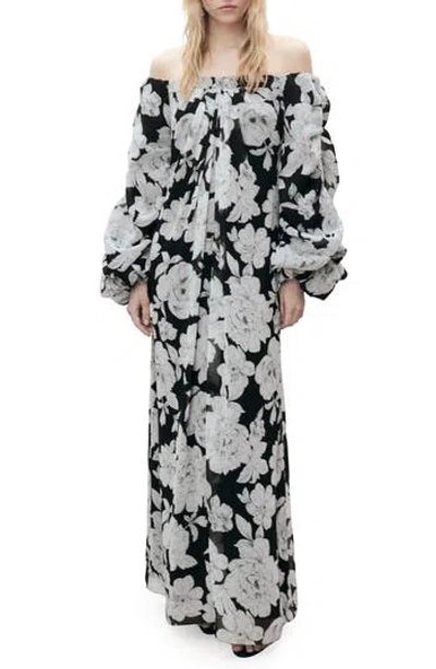Mango Floral Off The Shoulder Long Sleeve Maxi Dress In Black