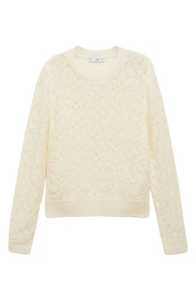 Mango Floral Open Stitch Crewneck Sweater In Ecru