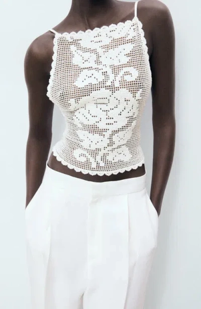Mango Floral Open Stitch Strappy Back Top In White