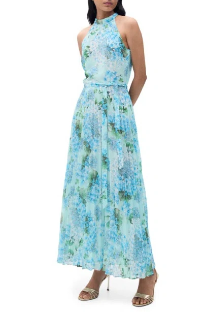 Mango Floral Pleated Chiffon Maxi Dress In Blue