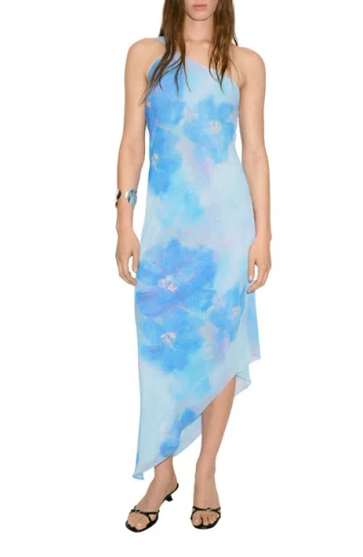 Mango Floral Print Asymmetric Scarf Dress In Blue