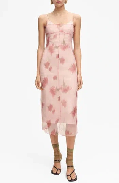 Mango Floral Print Chiffon Overlay Midi Dress In Pink