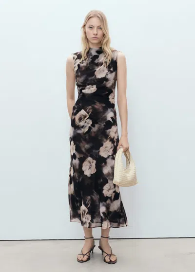 Mango Floral Print Draped Dress Brown