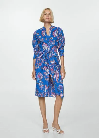 Mango Floral Print Dress With Bow Blue In Bleu