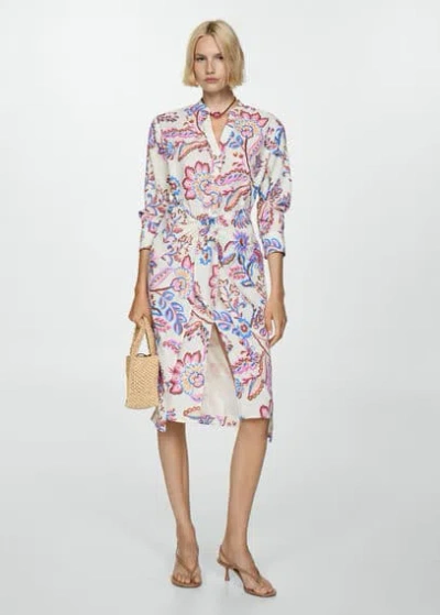 Mango Floral Print Dress With Bow Ecru In Écru