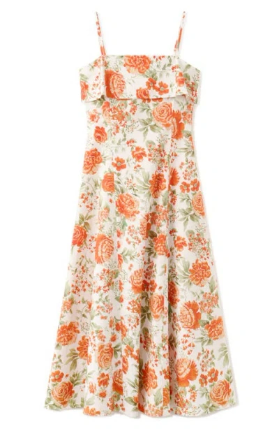 Mango Floral Print Flared Midi Dress In Orange