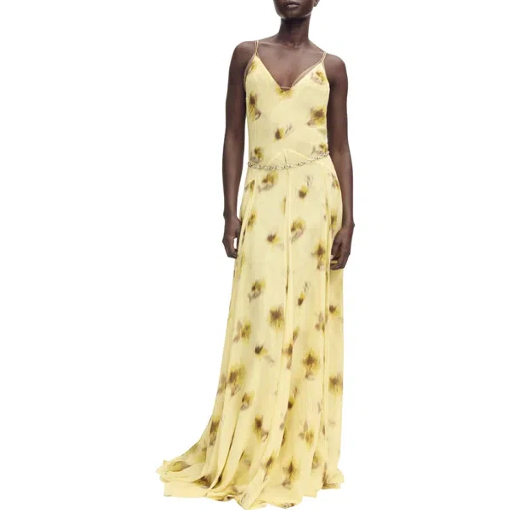 mango chiffon maxi dress Mango capsule chiffon maxi dress with godetes in yellow floral print