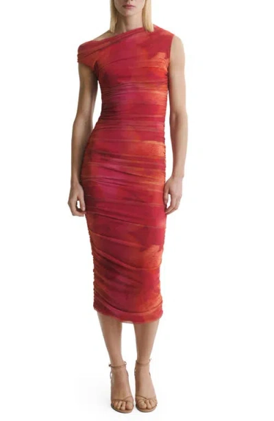 Mango Floral Print Ruched One-shoulder Midi Dress