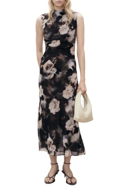 Mango Floral Print Ruched Sleeveless Maxi Dress In Brown