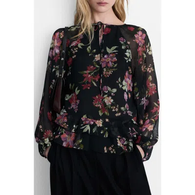 Mango Floral Print Ruffle Shirt In Black