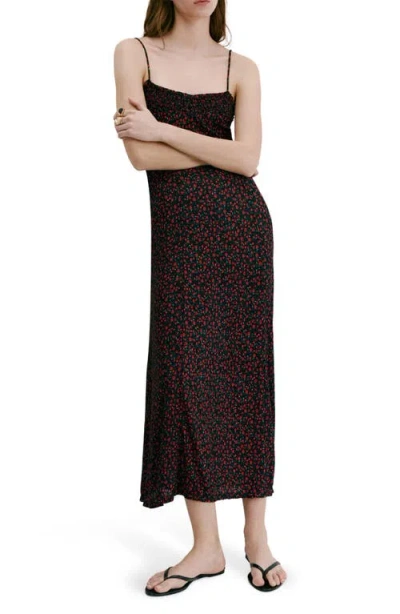 Mango Floral Print Smocked Sleeveless Midi Dress In Black