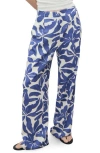 Mango Printed Linen-blend Pants In Blue
