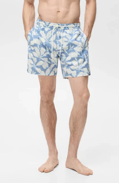 Mango Floral Print Swim Trunks In Blue
