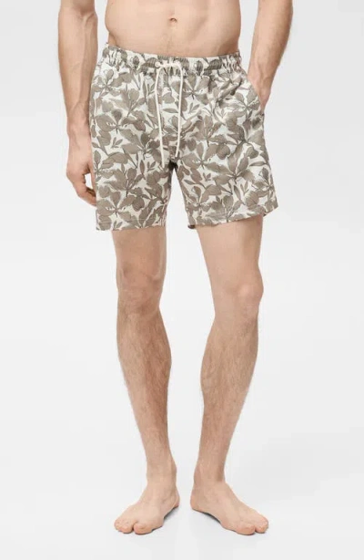 Mango Floral Print Swim Trunks In Khaki