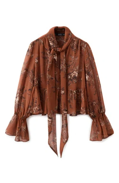 Mango Floral Print Tie Neck Top In Brown