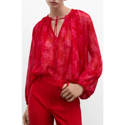 Mango Floral Print Tie Neck Top In Red