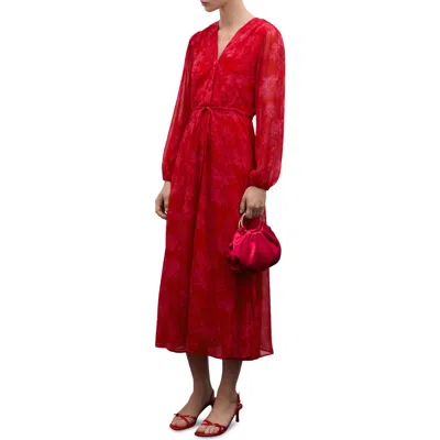 Mango Floral Print Tie Waist Long Sleeve Maxi Dress In Intense Red