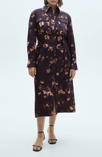 Mango Floral Print Tie Waist Long Sleeve Midi Shirtdress In Purple